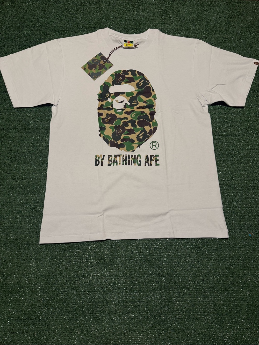 Bape White Tee with Green & Brown Camo Ape Head